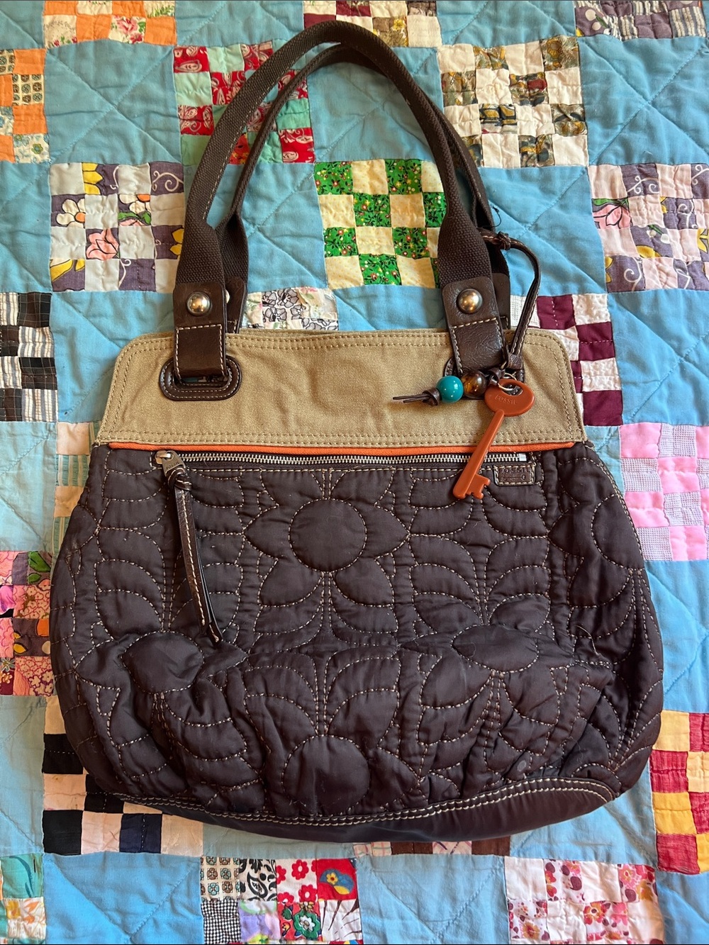 Fossil Brown Quilted Shoulder Bag with Tan Accent and Key Charm